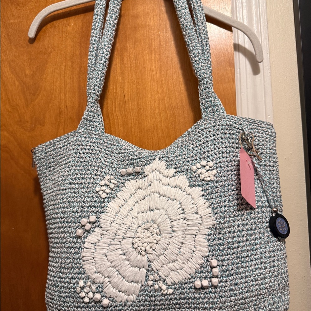 The SAK Stylish White and Blue Crochet Tote Bag